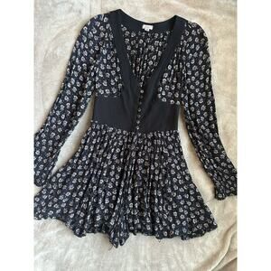 Ecote Urban Outfitters Black Floral Long Sleeve Smocked Waist Button Up Romper